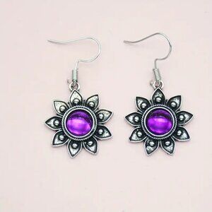 Boho Chic Purple Imitation Crystal Sunflower Dangle Earrings